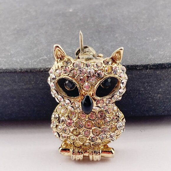 VINTAGE Clear rhinestone owl on perch brooch c. 1980s 1990s does 1940s 1950s pin - Picture 1 of 6